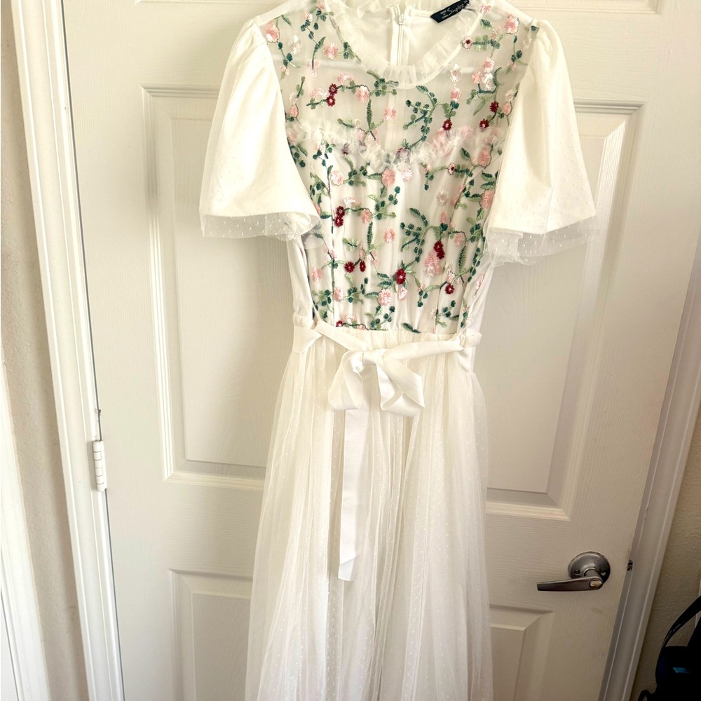 White Spring Floral Embroidered Dress